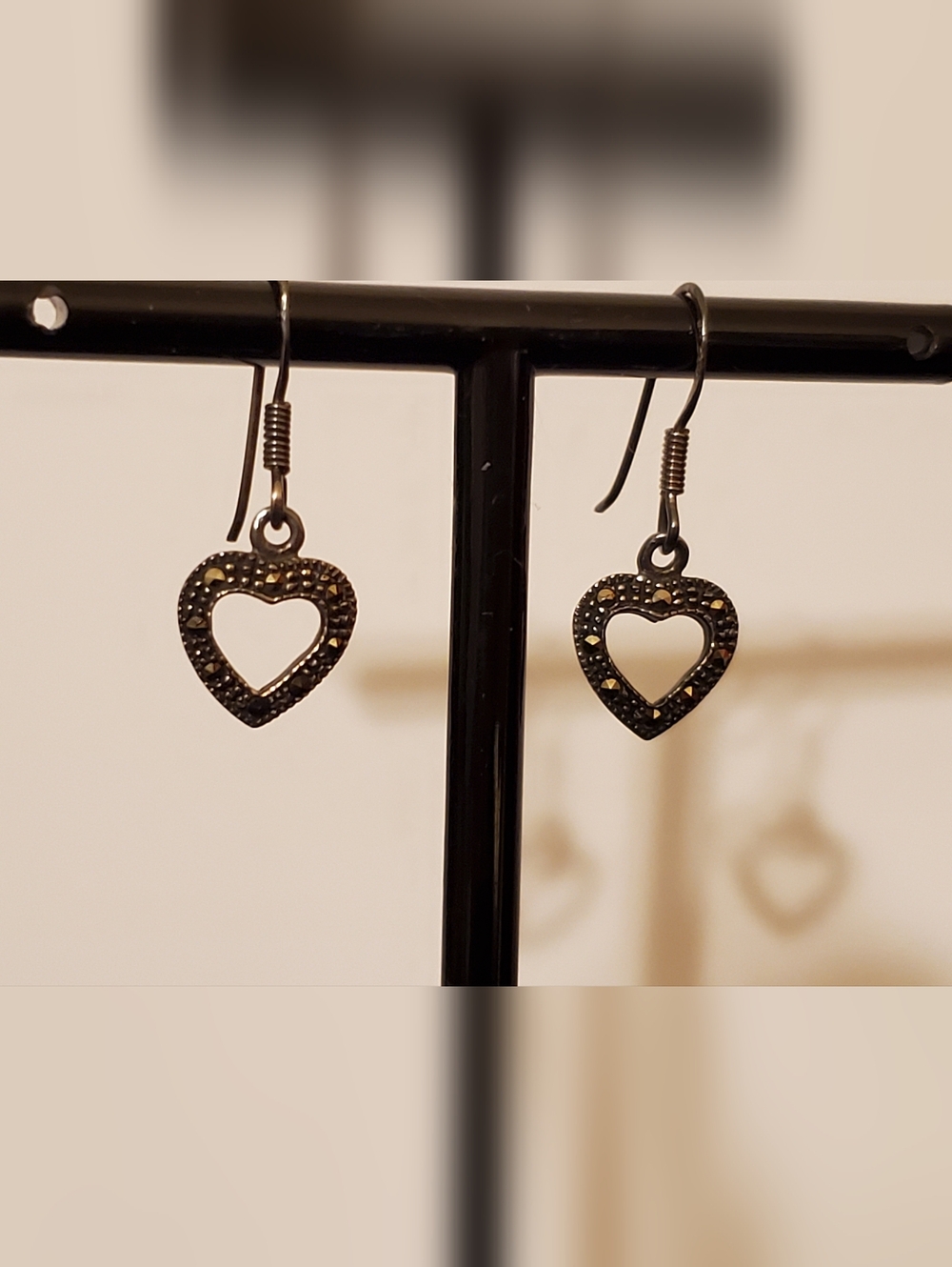 Brown Marcasite Sterling Silver Heart Dangle Earrings  New
